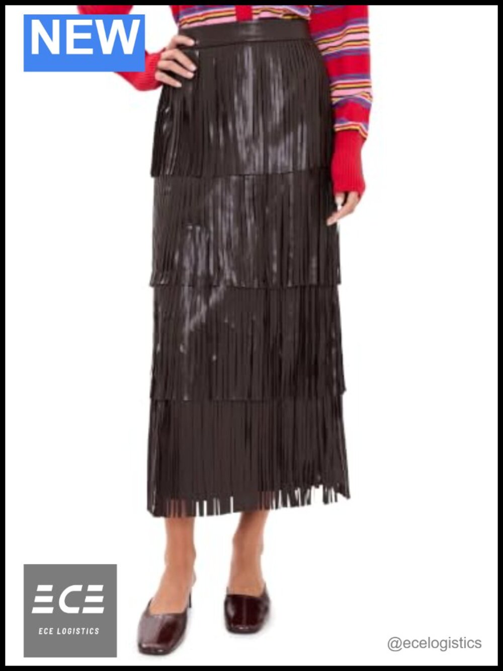 Faux Leather Fringe Midi Skirt with Back Slit